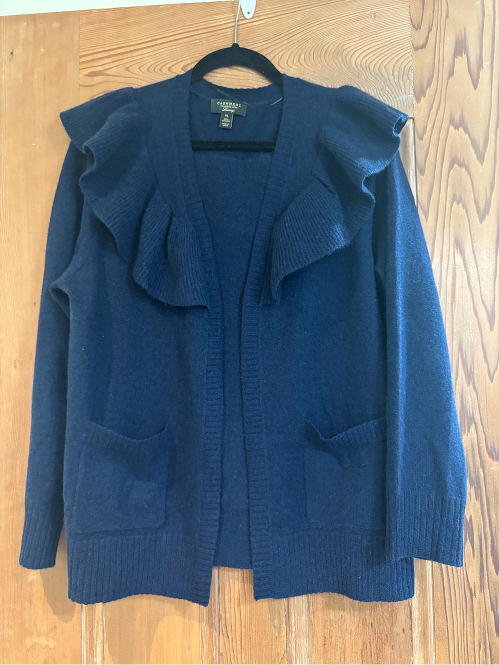 Charter Club Women's Cashmere Navy Ruffle Open Cardigan Sweater Size XL